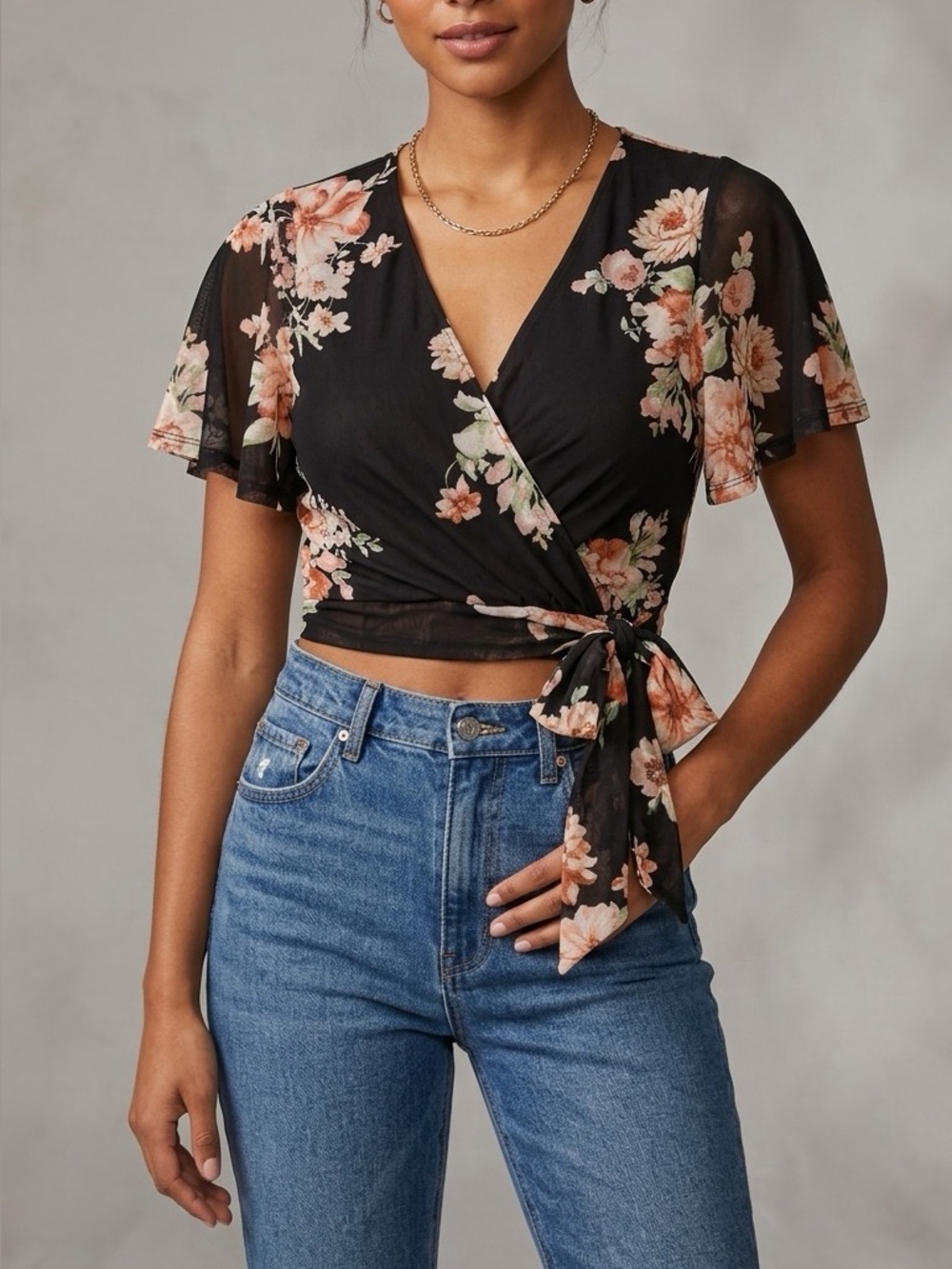 Black Floral Sheer Mesh Crop Wrap Top S Dark Romantic Boho Festival Tie Front